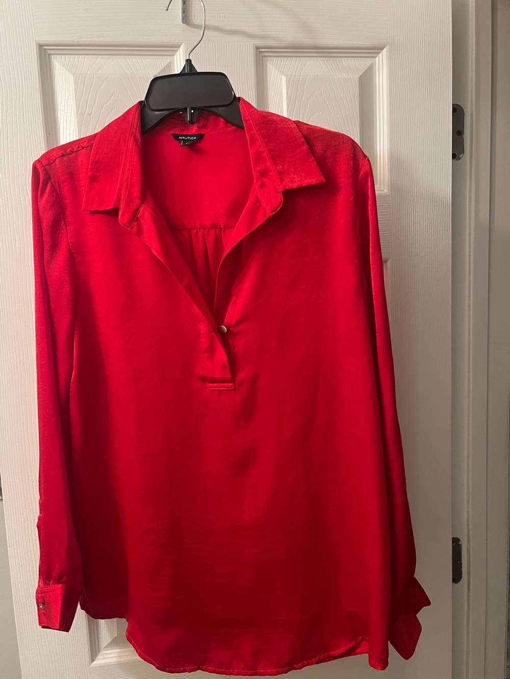 Nautica Red Long-Sleeve Button-Down Satin Blouse